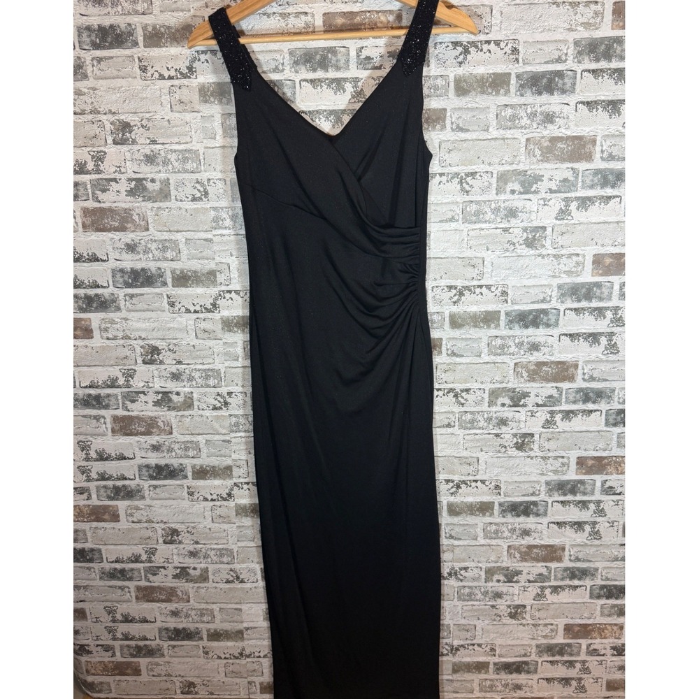 Lauren Ralph Lauren Black Beaded Strap Ruched Evening Gown Dress 8